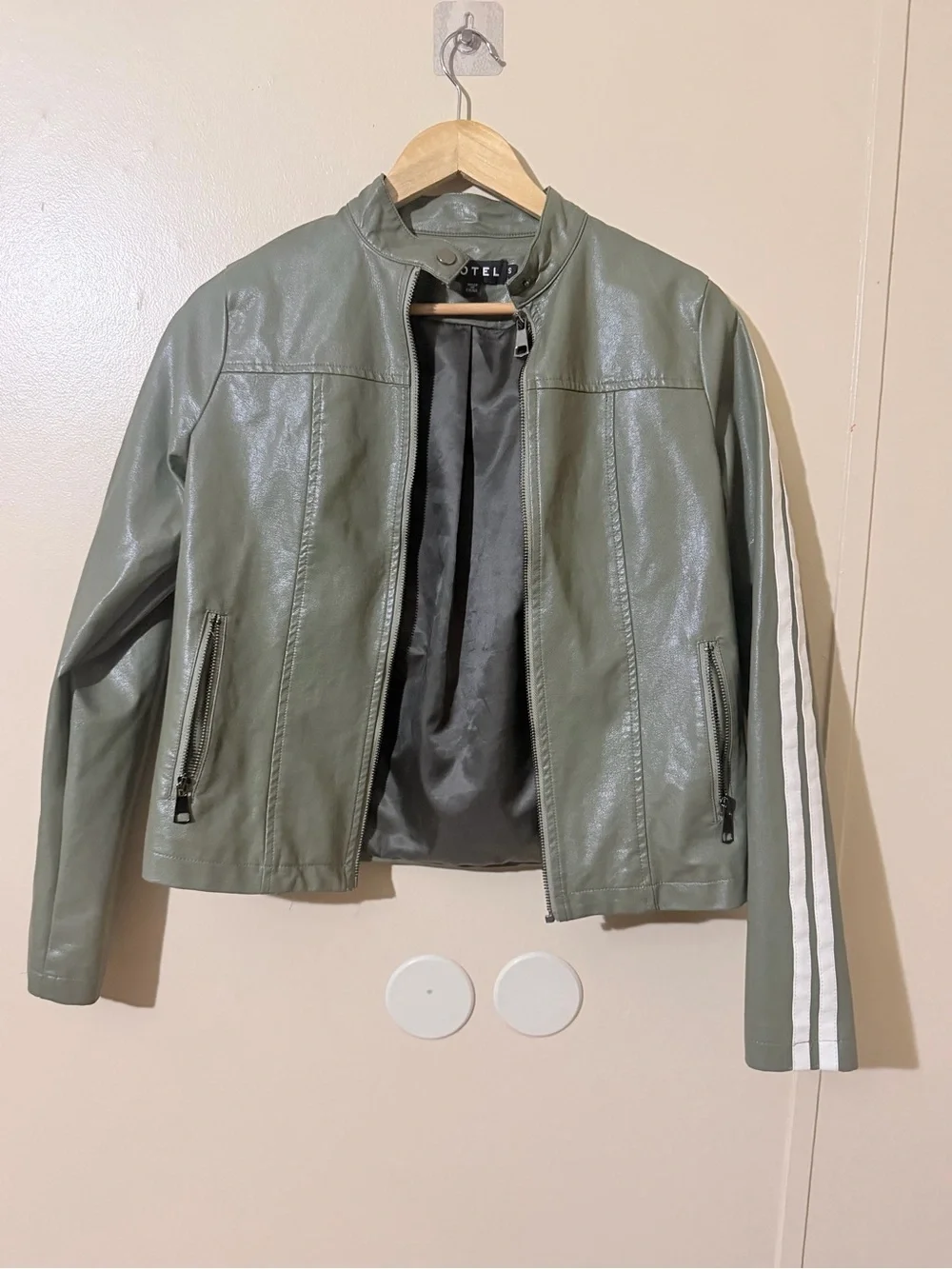 Motel Rocks Olive Green Faux Leather Jacket - Picture 2 of 12